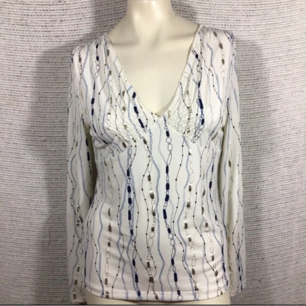 Emma James Top Ivory Blue and Metallic Chain Print Size PM